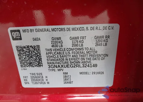 2024 Chevrolet Equinox Awd Lt z USA, uszkodzony, nr VIN 3GNAXUEG2RL324149